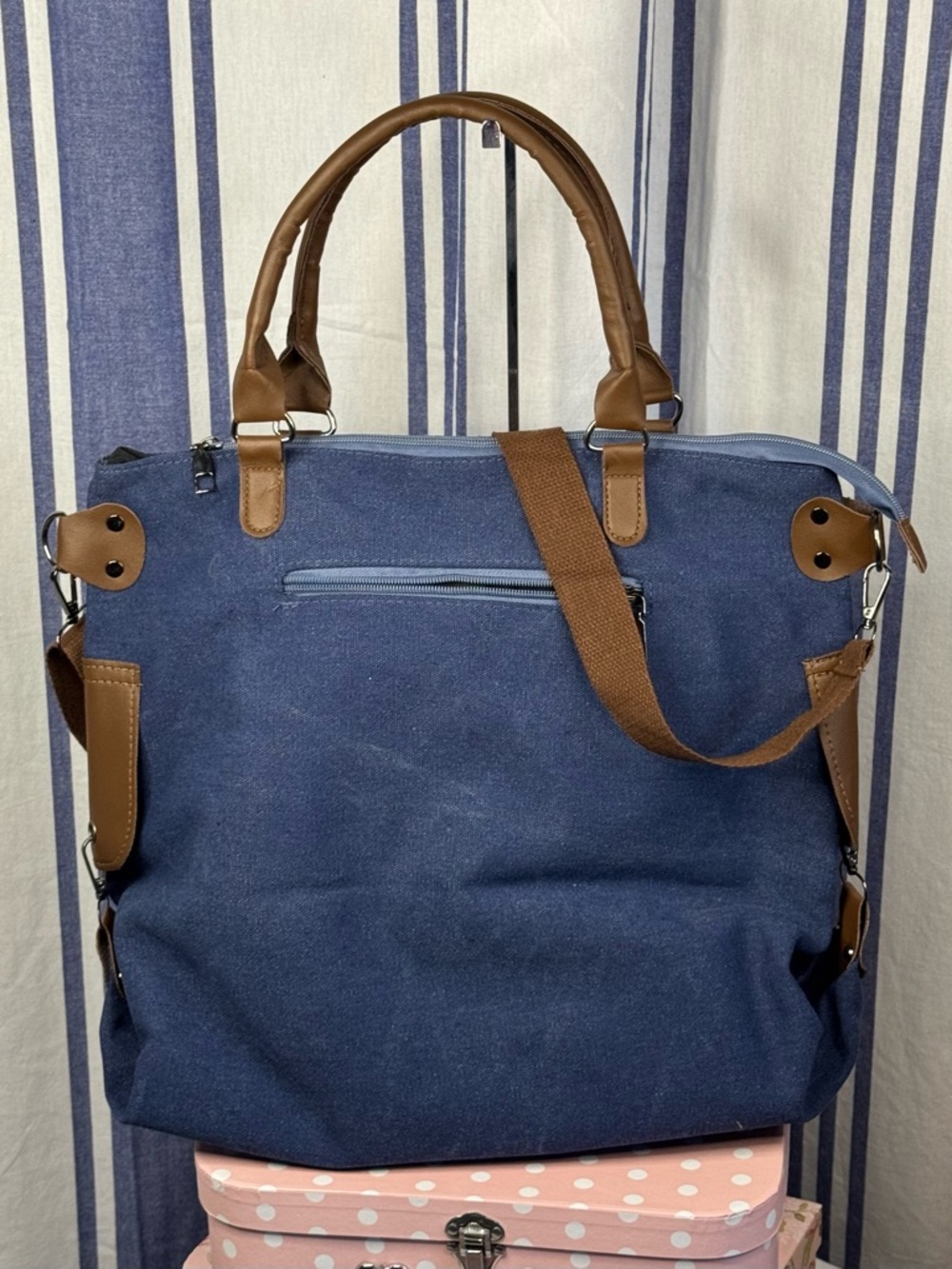 Paris Republique Large Canvas Stamped Messenger Bag with Vegan Leather Accents - Picture 2 of 11